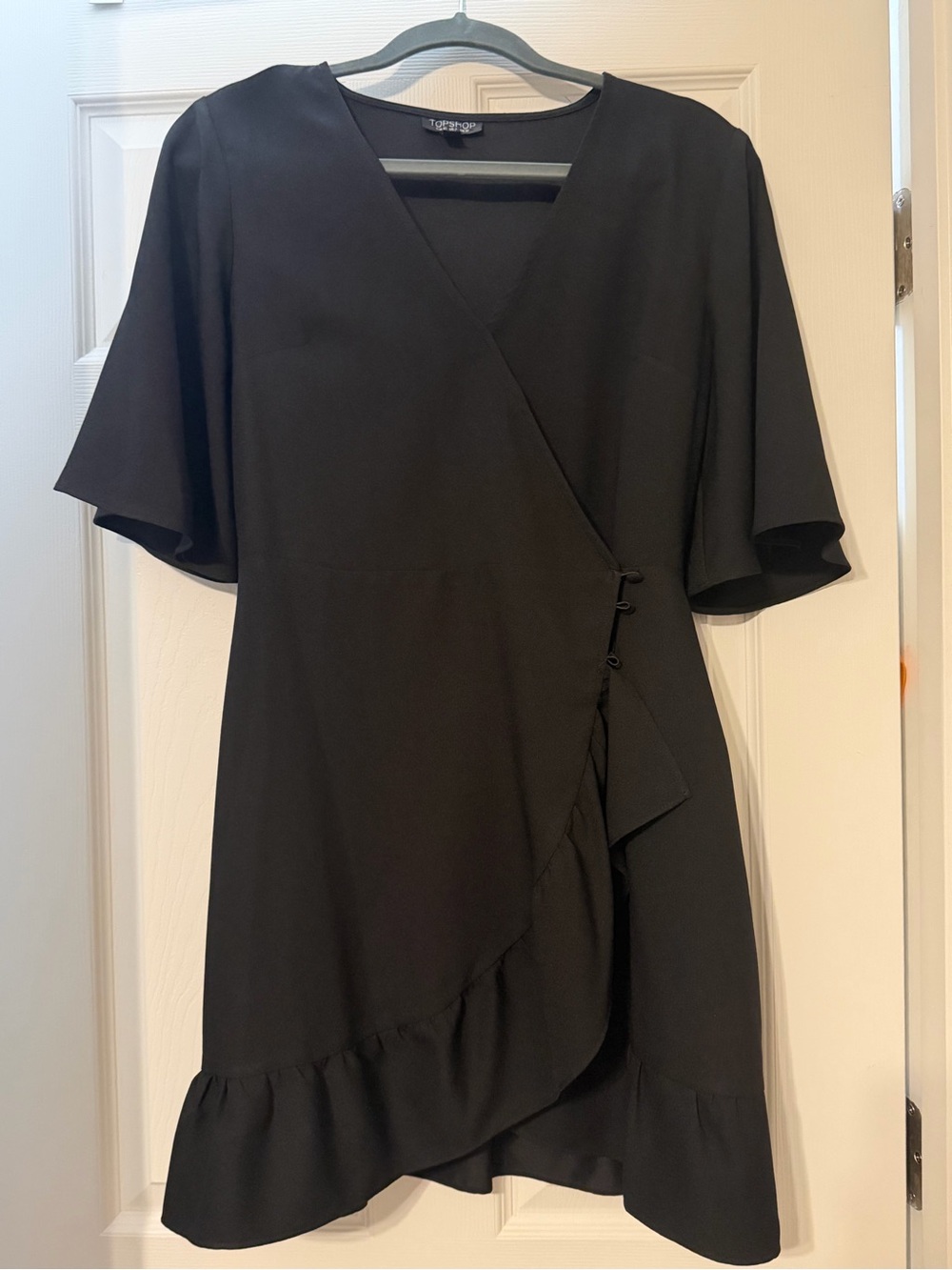 Topshop Black Wrap Ruffle Dress with Flutter Sleeves